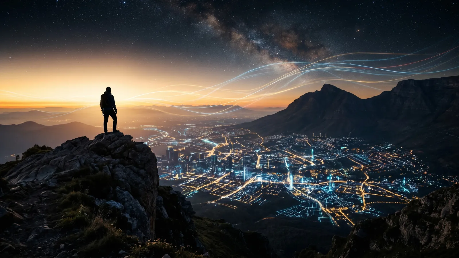 夜明けの山頂から光り輝くデジタル世界を見渡す、AI活用に成功した人物の象徴的ビジュアル