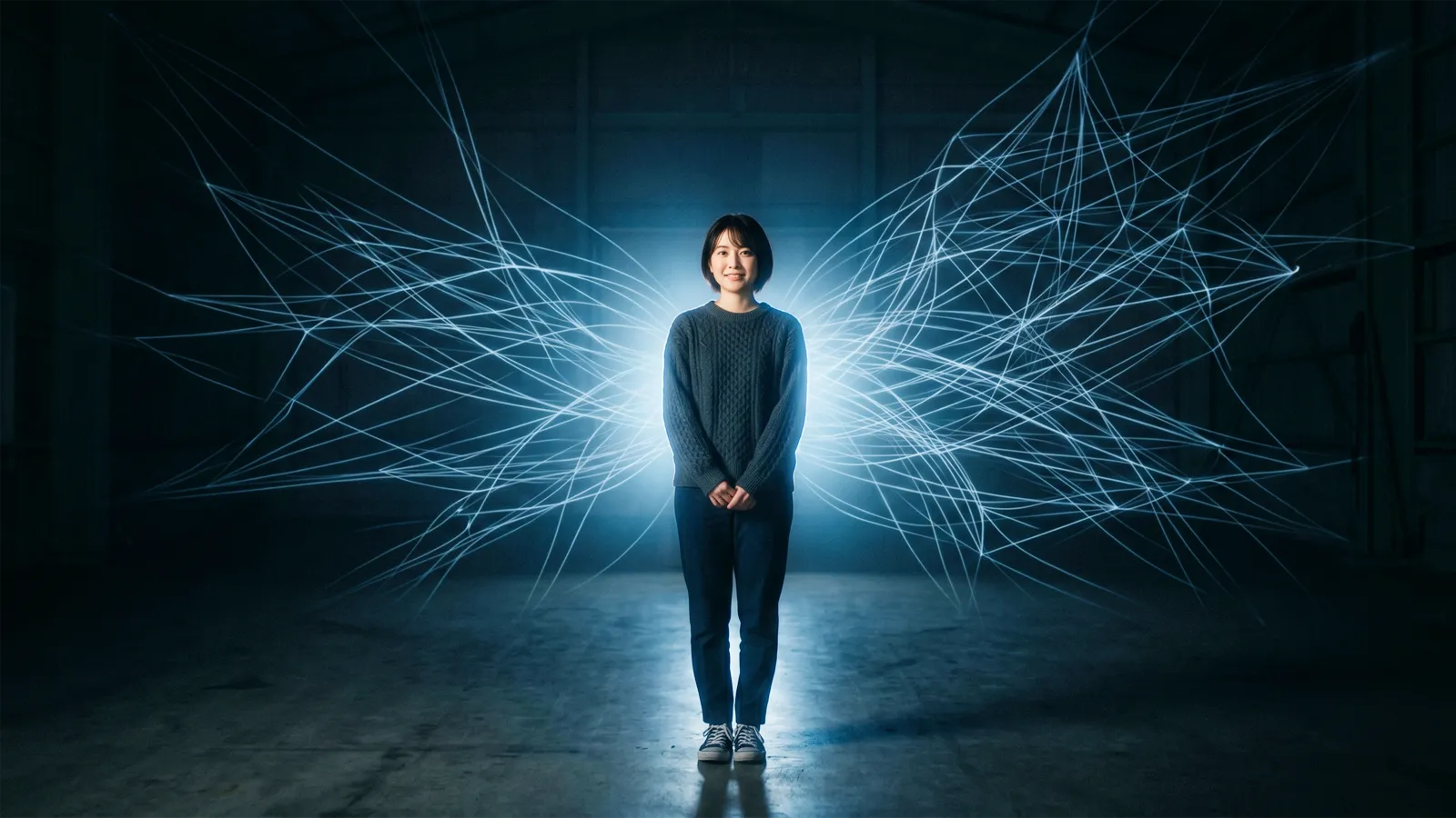 光源になる人物 — 暗い空間の中から光が広がりネットワーク化されるイメージ