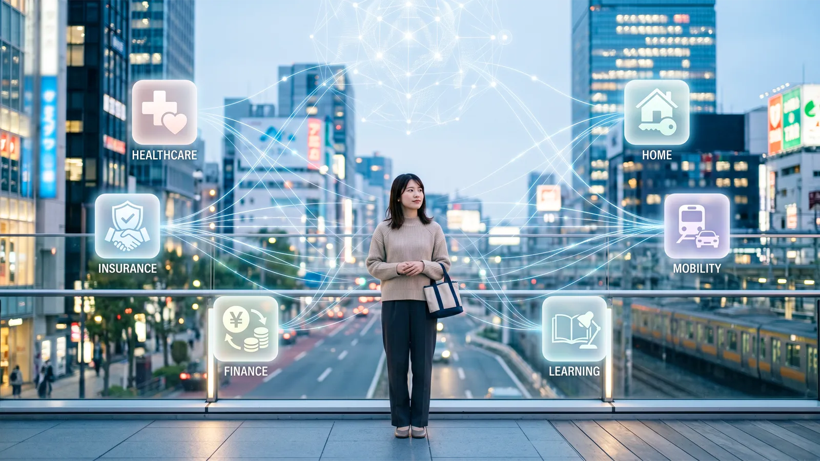 人間中心のAI接続図 — 保険・医療・移動・家・食・金融・学習がAIで自動接続される