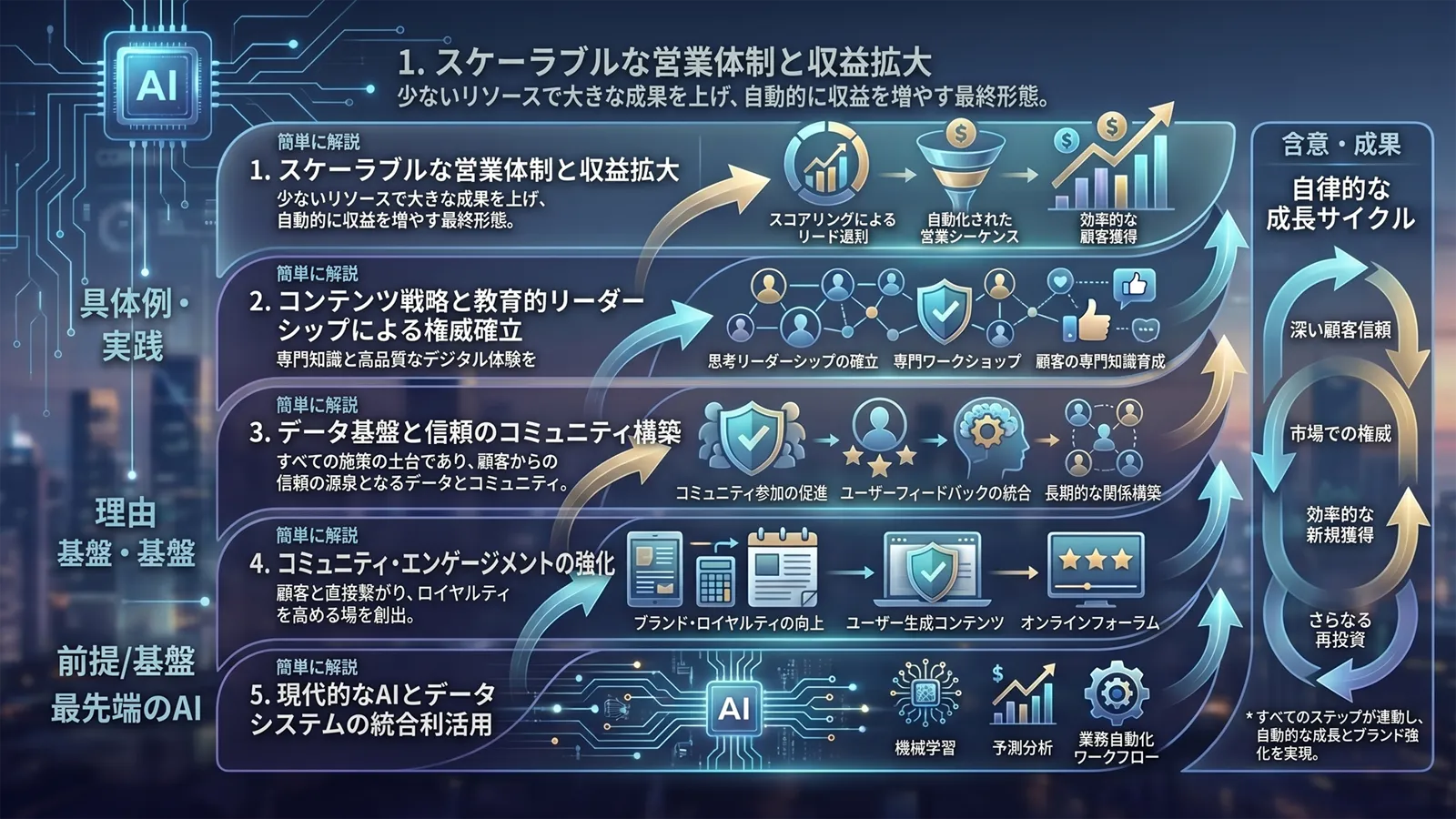 AI・コンテンツ・教育・コミュニティ・信頼・セールスを統合した戦略フレームワーク — 積層型ビジネス構造