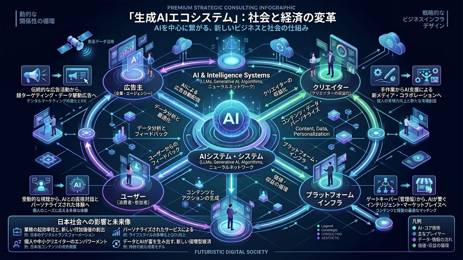 AIエコノミーにおける広告主・クリエイター・AI・プラットフォーム・ユーザーの変革マップ