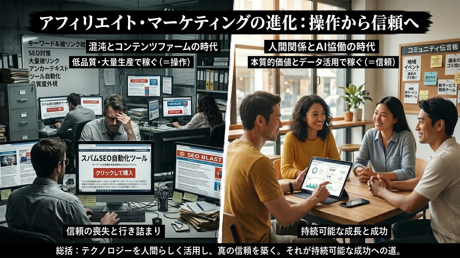 旧来型アフィリエイトとAI時代の信頼経済の比較 — SEOファームからコミュニティ・意思決定設計への劇的転換