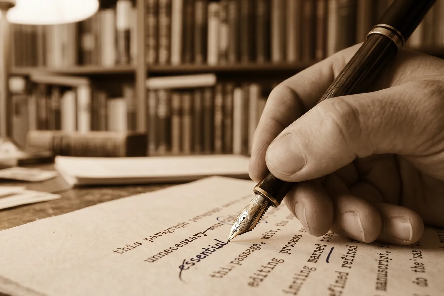 万年筆で文書を丁寧に注釈する手 — 人間の判断と編集こそが信頼の根拠