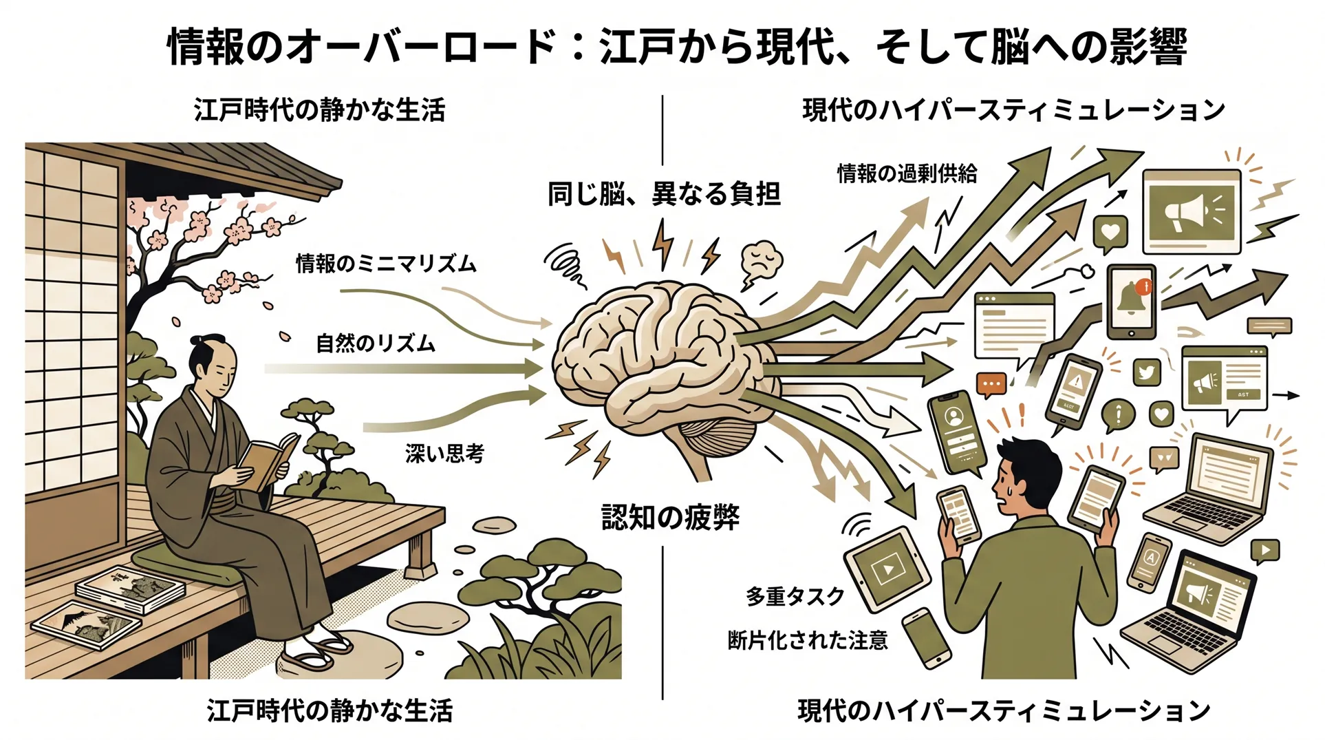 江戸時代と現代の情報量の差を示す概念図解。同じ人間の脳に大量の情報が流れ込んでいる様子。