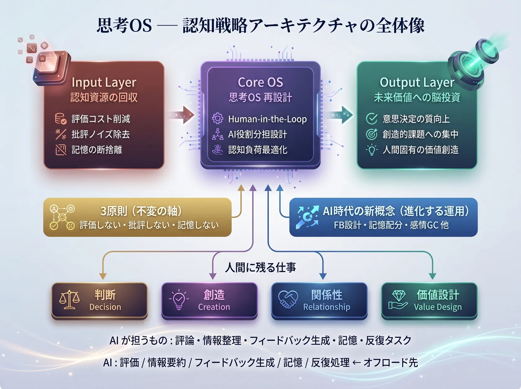 思考OSアーキテクチャ図：Input Layer（認知資源の回収）→ Core OS（思考OS再設計）→ Output Layer（未来価値への脳投資）の3層構造。3原則とAI時代の6概念が両翼から接続される。