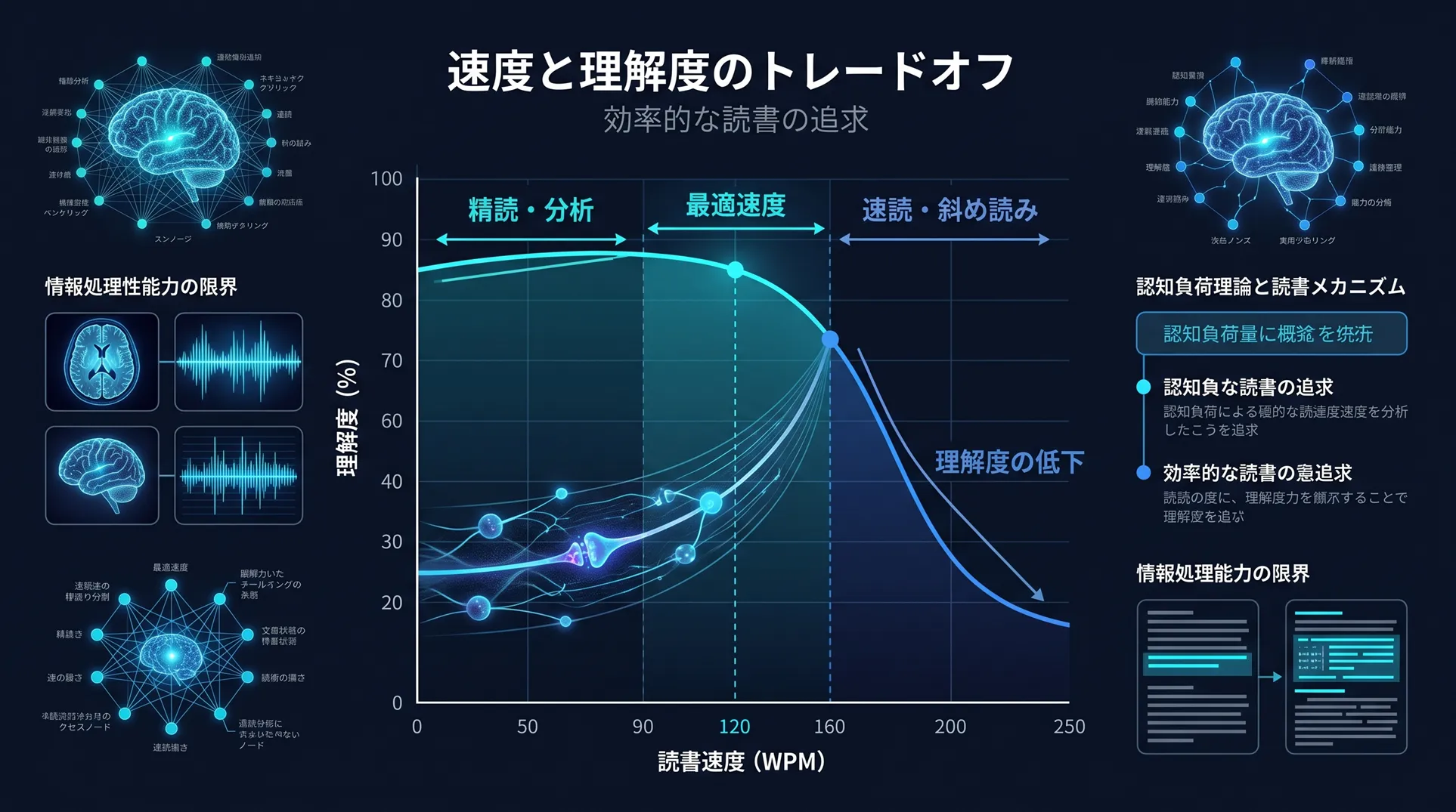 読書速度が上がるにつれ理解度が低下する関係を示す認知科学インフォグラフィック