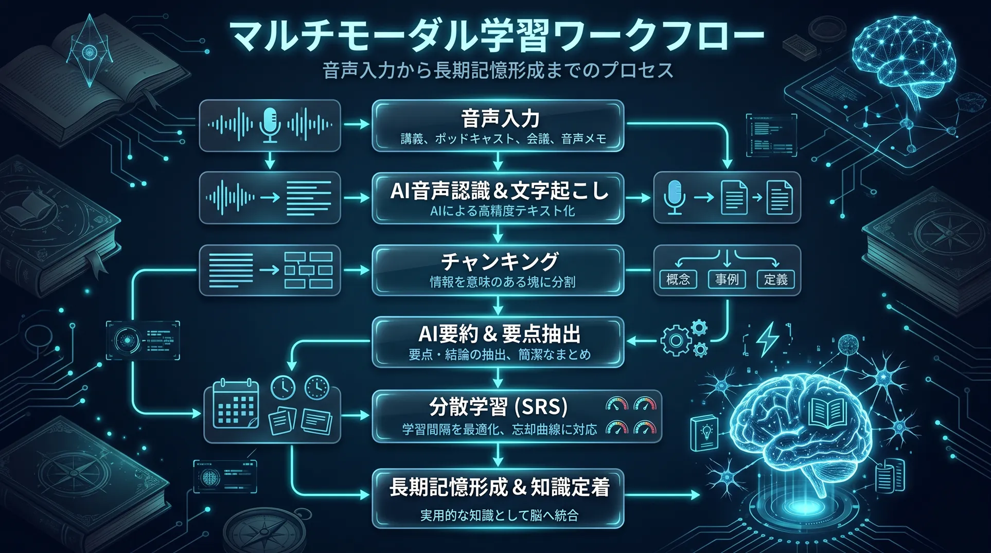 音声からテキスト化、チャンク化、要約、反復、長期記憶形成までの統合学習フローを示すインフォグラフィック