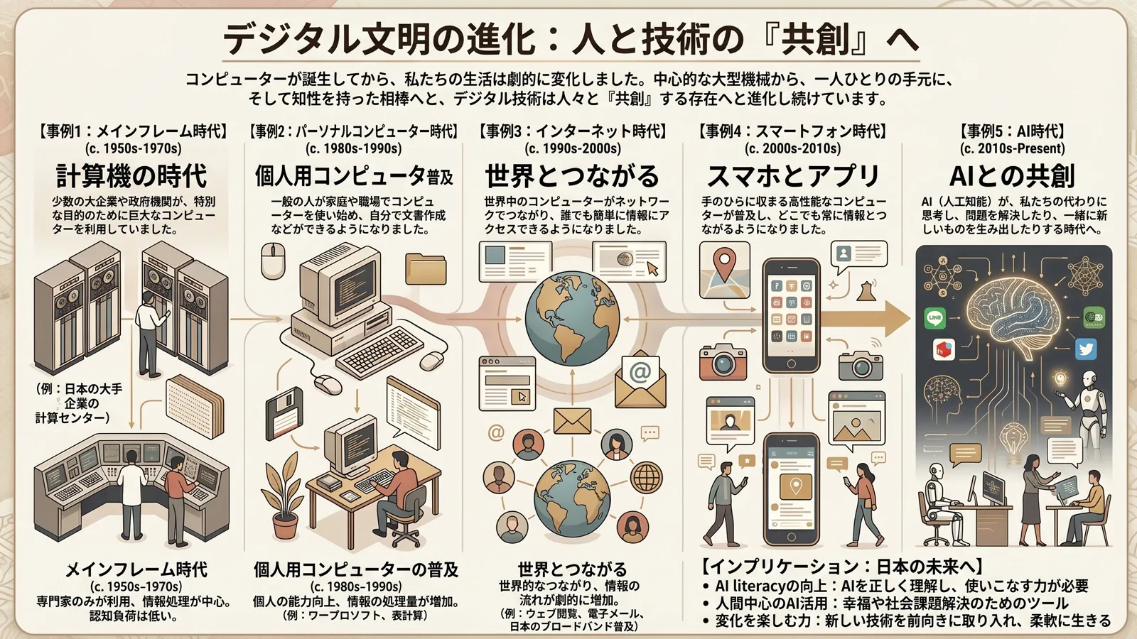 メインフレームからAIまでのデジタル文明進化を可視化した横長インフォグラフィック