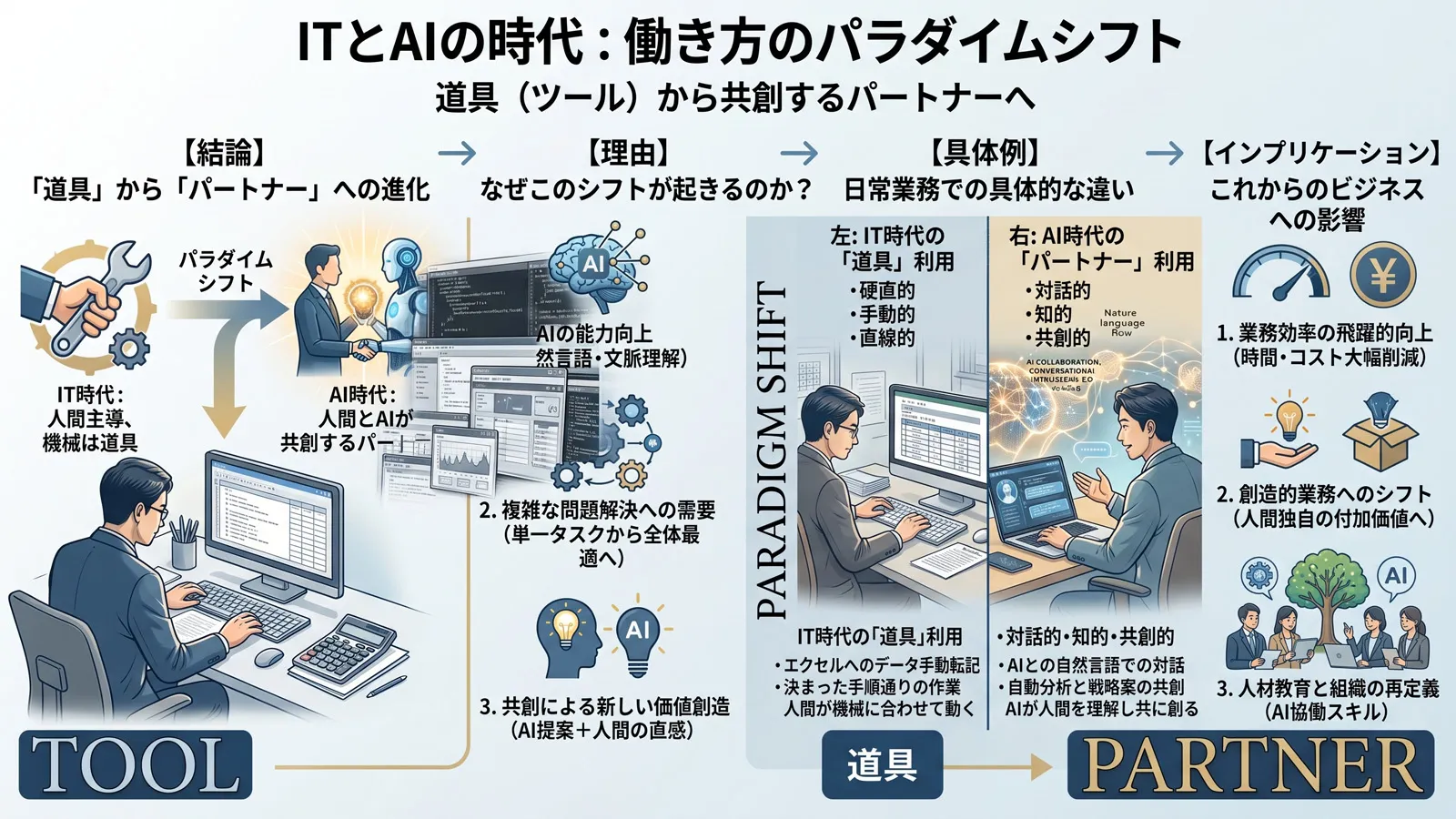 IT時代（ツール・冷色）とAI時代（パートナー・暖色）の対比を示すコンセプトアート