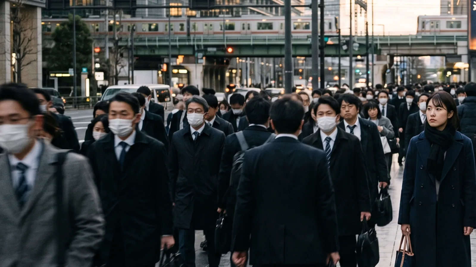 都市の通勤風景と無機質なオフィス群 — 安定神話の終焉を象徴するシネマティックビジュアル