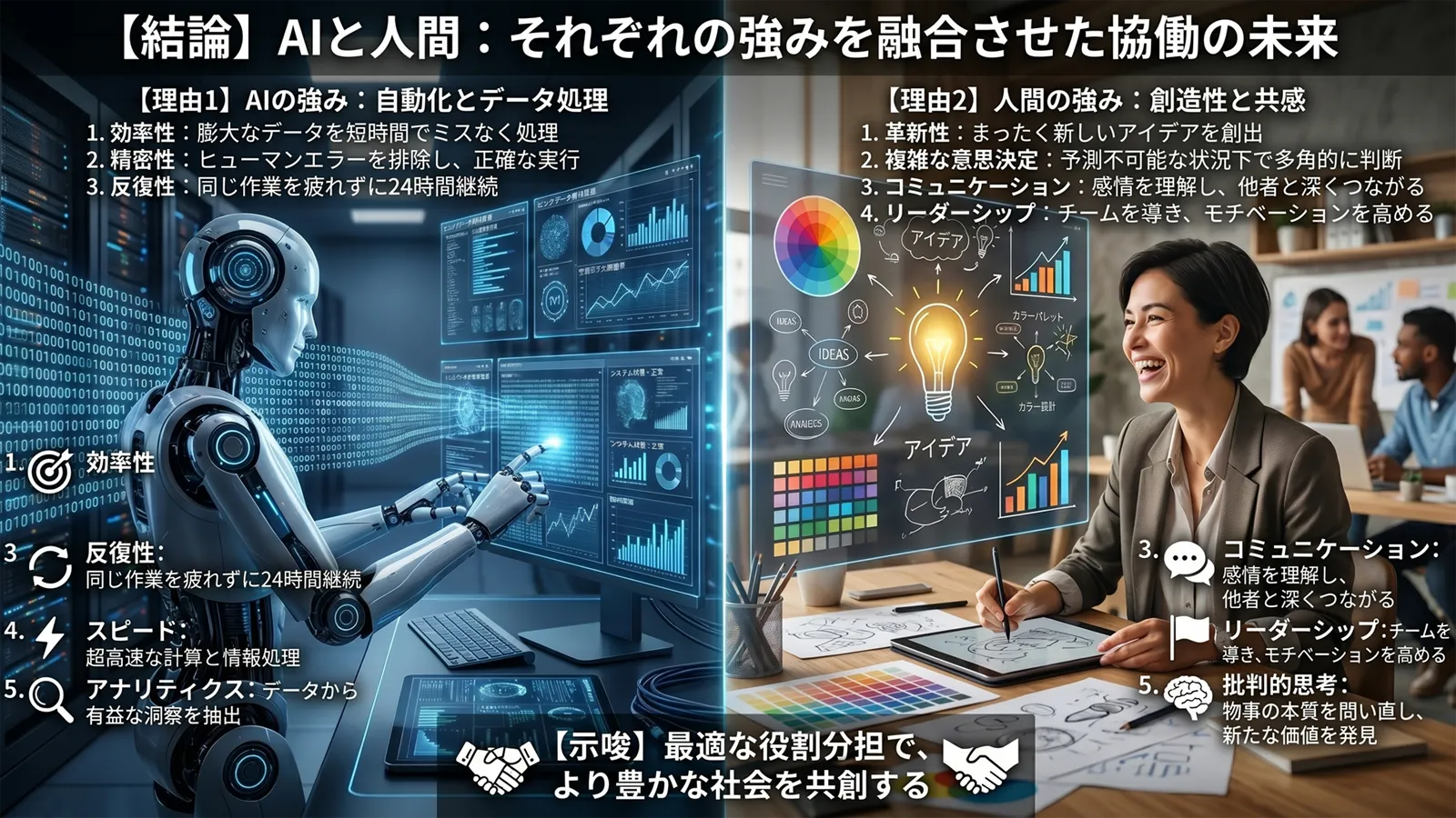 左：AIに置き換えられる能力（処理・定型・変換）、右：人間に求められる能力（判断・創造・発信・共感）の対比図