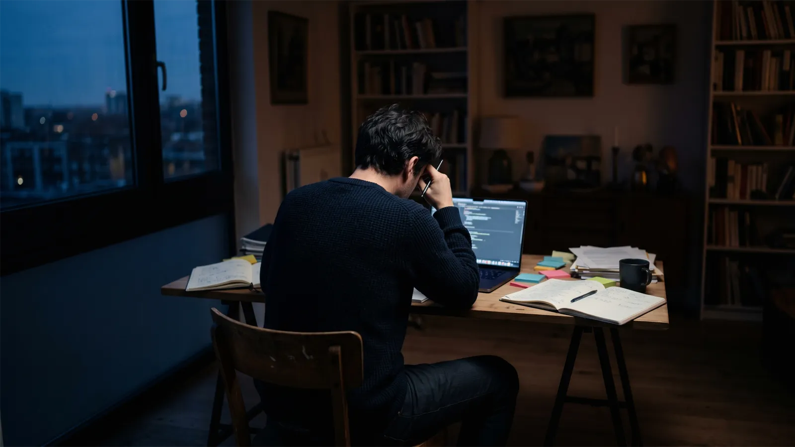夕暮れ時、ノートパソコンの光だけが照らす薄暗い部屋でデスクに向かう人の後ろ姿