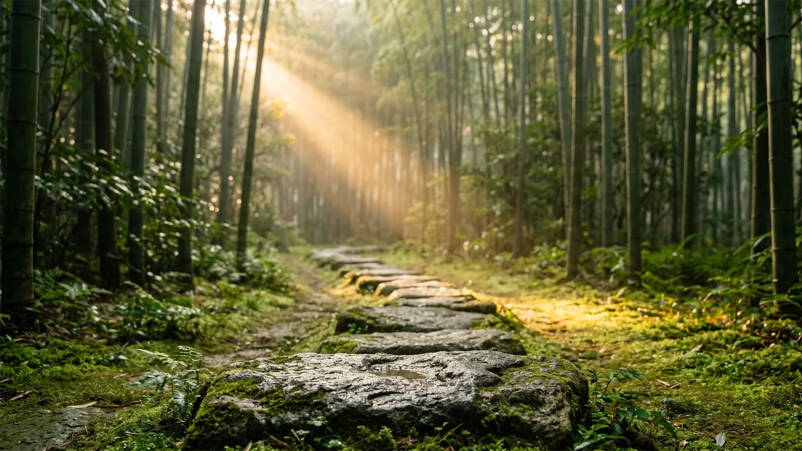 日本の竹林または苔庭の石畳の小道。手前の一歩が鮮明に見え、先に温かい朝の光が広がる