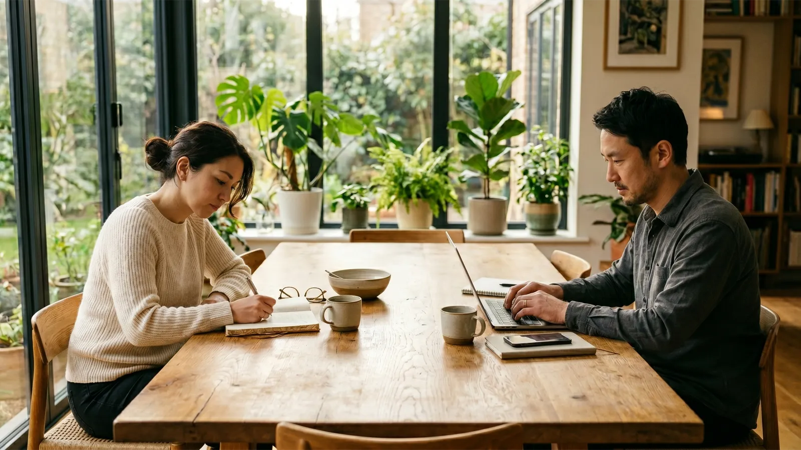 大きな窓の前の木製テーブルで、一人はノートに書き込み、もう一人はPCで作業している。同じ光を静かに共有している