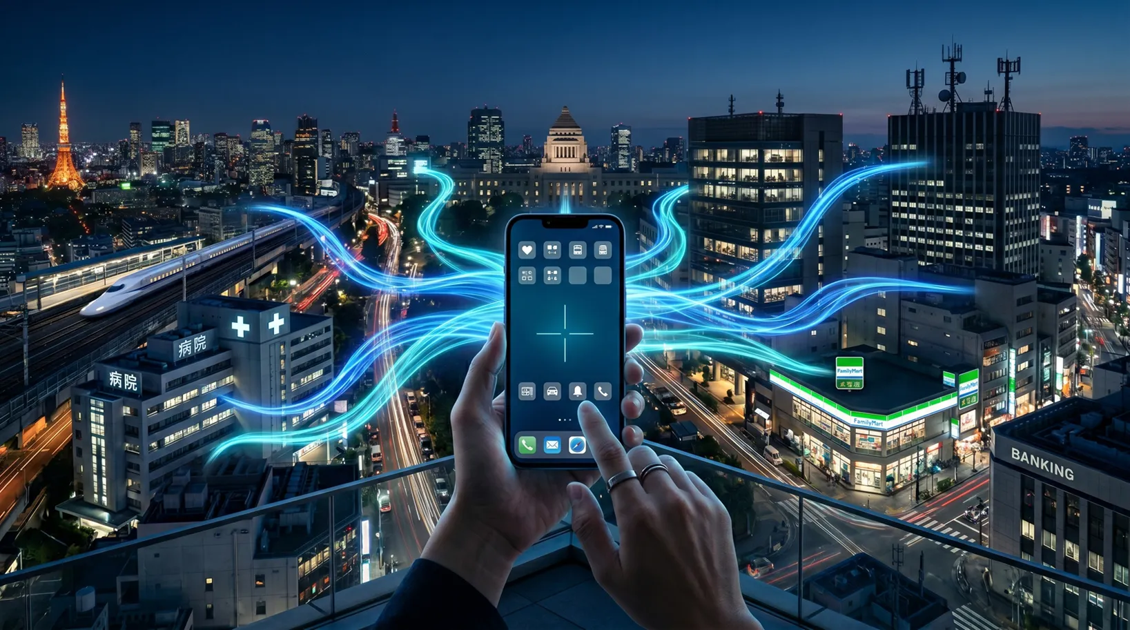 スマートフォンが都市・行政・医療・決済・災害情報など社会全体と接続する生活インフラ象徴ビジュアル