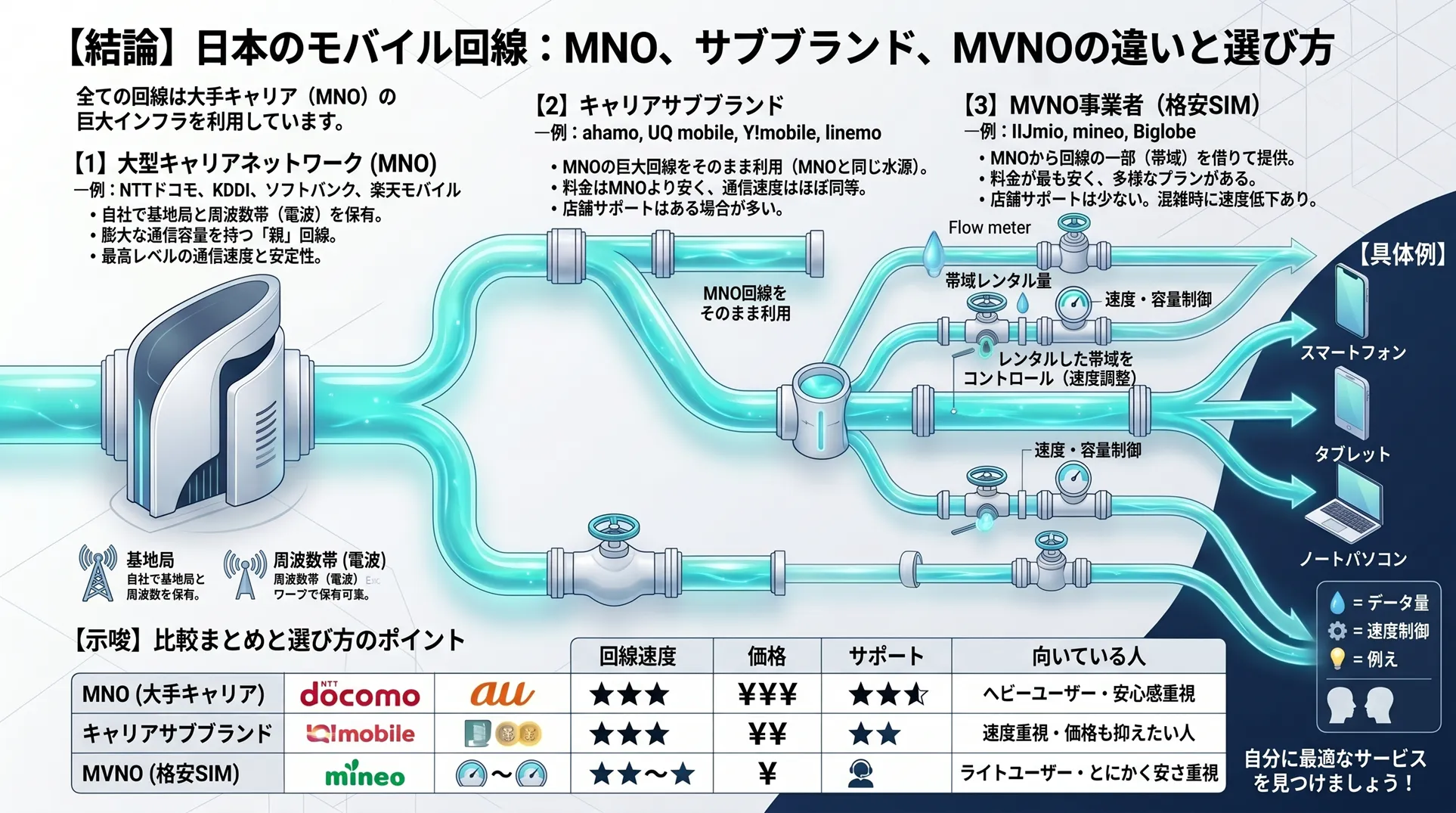大手キャリア・サブブランド・MVNOの通信インフラ構造を水道システムになぞらえたインフォグラフィック