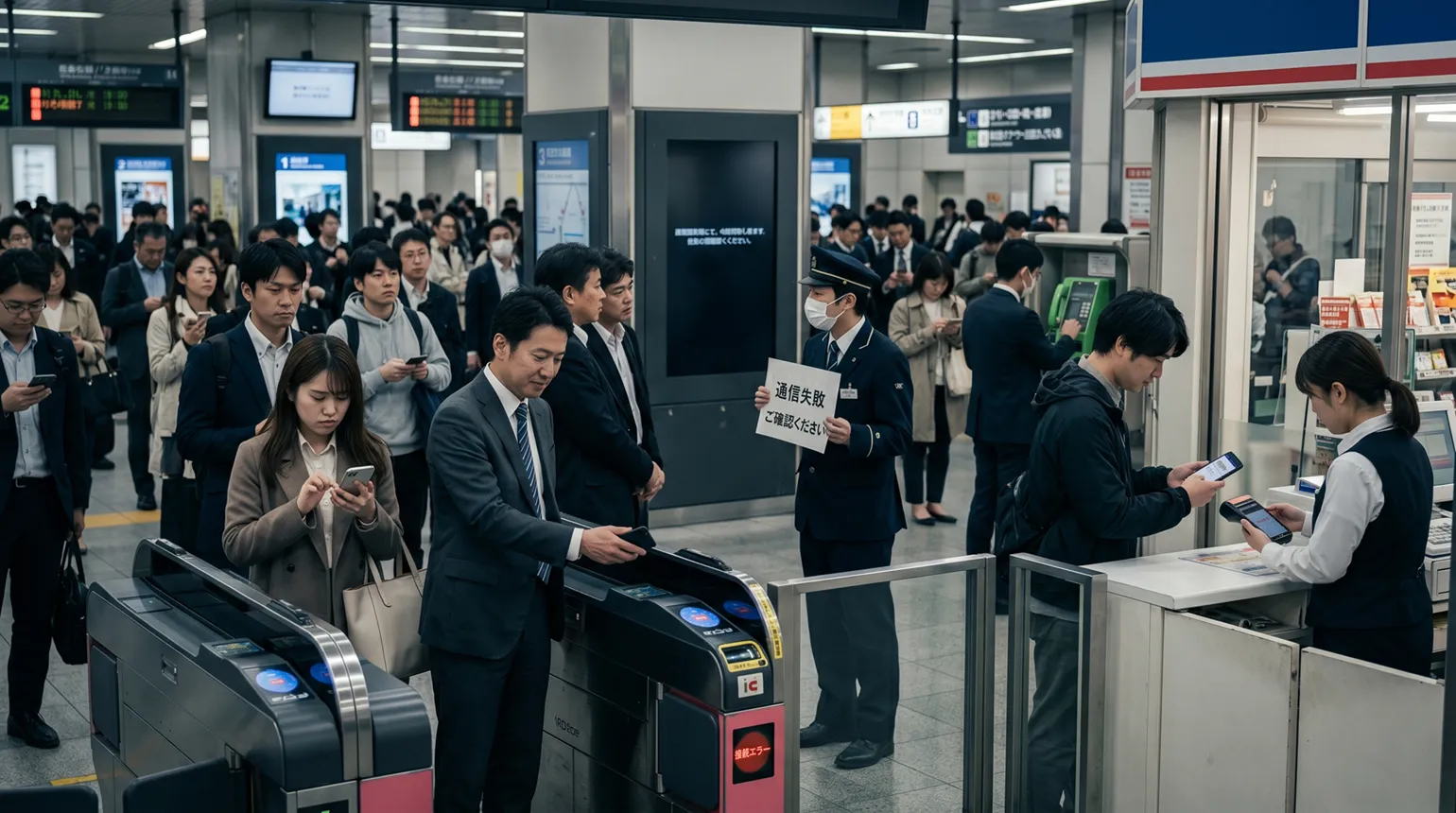 スマホが使えない都市での通信障害シーン：決済不能・混乱する駅構内・接続エラーの現実感ある描写