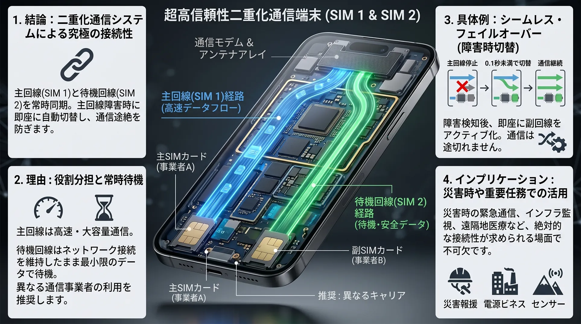スマートフォン内でメインSIMとサブSIMが独立した通信ストリームとして機能するデュアルSIM構成の未来的ビジュアル