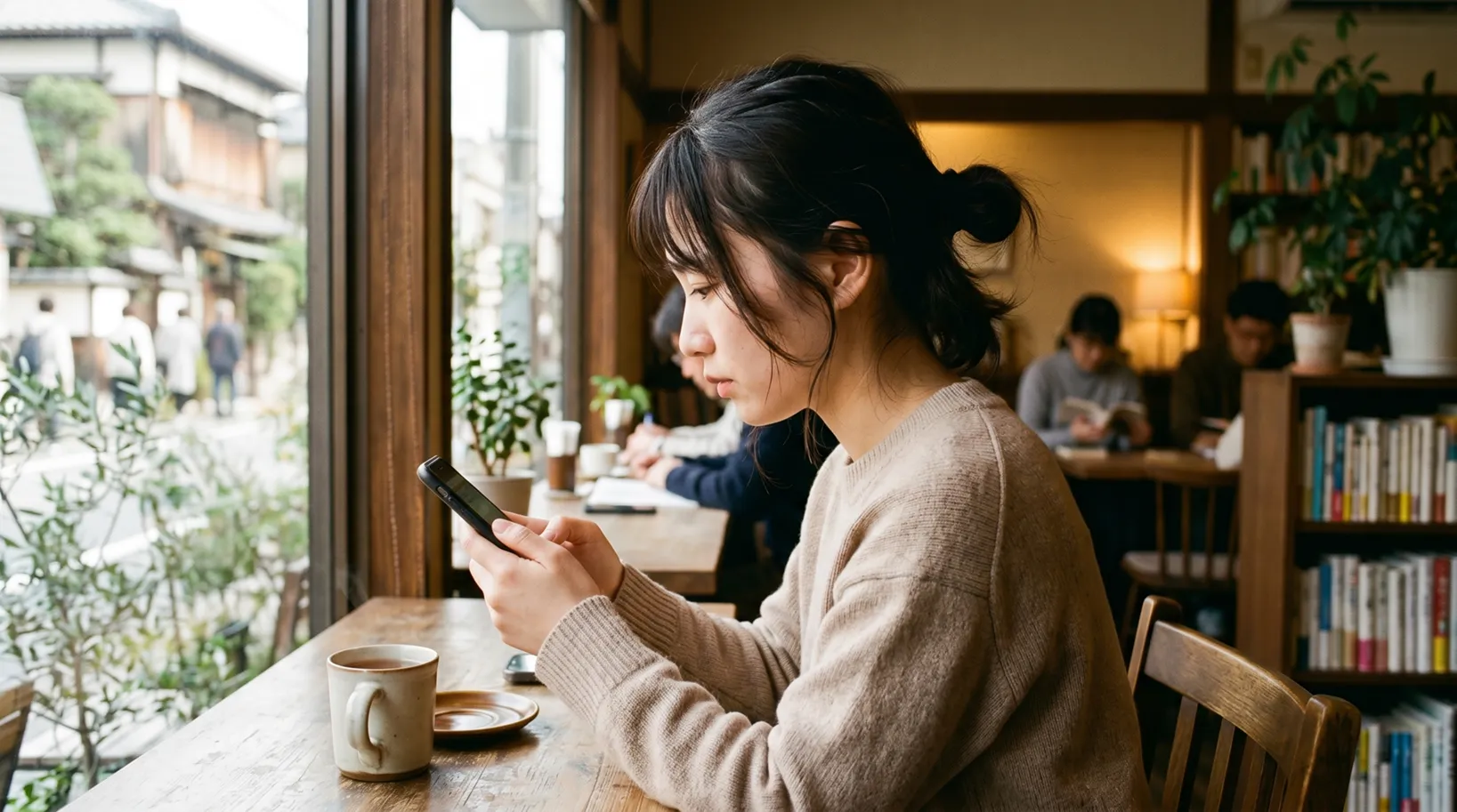 カフェで窓からの柔らかな自然光の中、スマートフォンに集中する20代女性の横顔。落ち着いた温かい雰囲気。