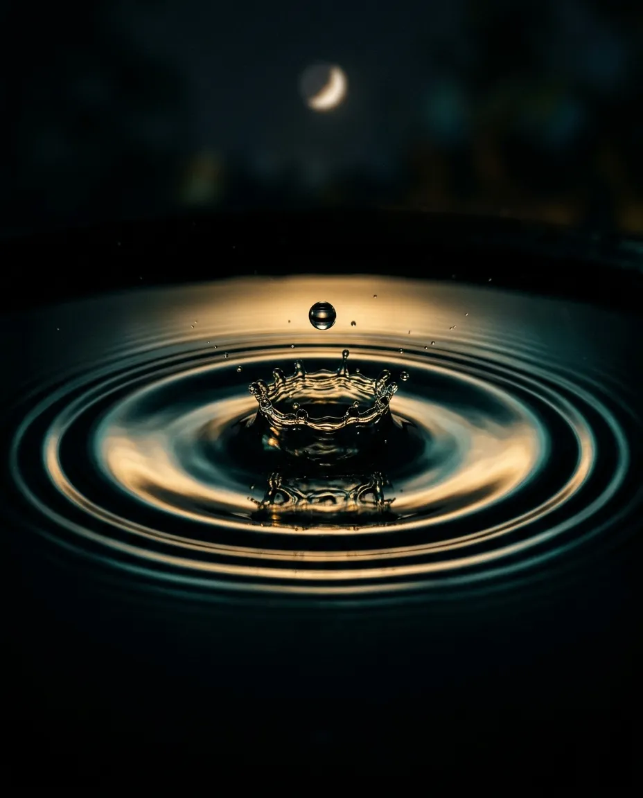 夜の水面に落ちる一滴の水が生み出す波紋 ── 信頼の広がりを象徴するイメージ