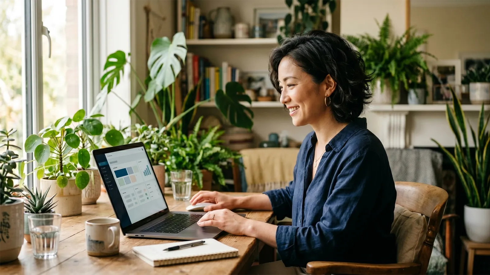 観葉植物に囲まれた明るいホームオフィスでノートPCからWordPressサイトを自分で更新する小規模事業者