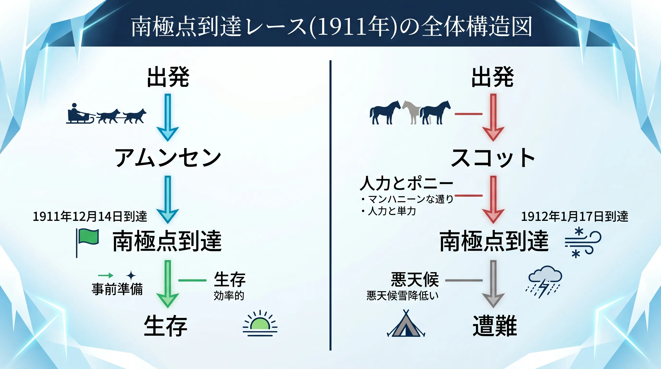 アムンセン隊とスコット隊の南極点ルート概観図 ― スタート、競争、南極点、生還／遭難の4段階