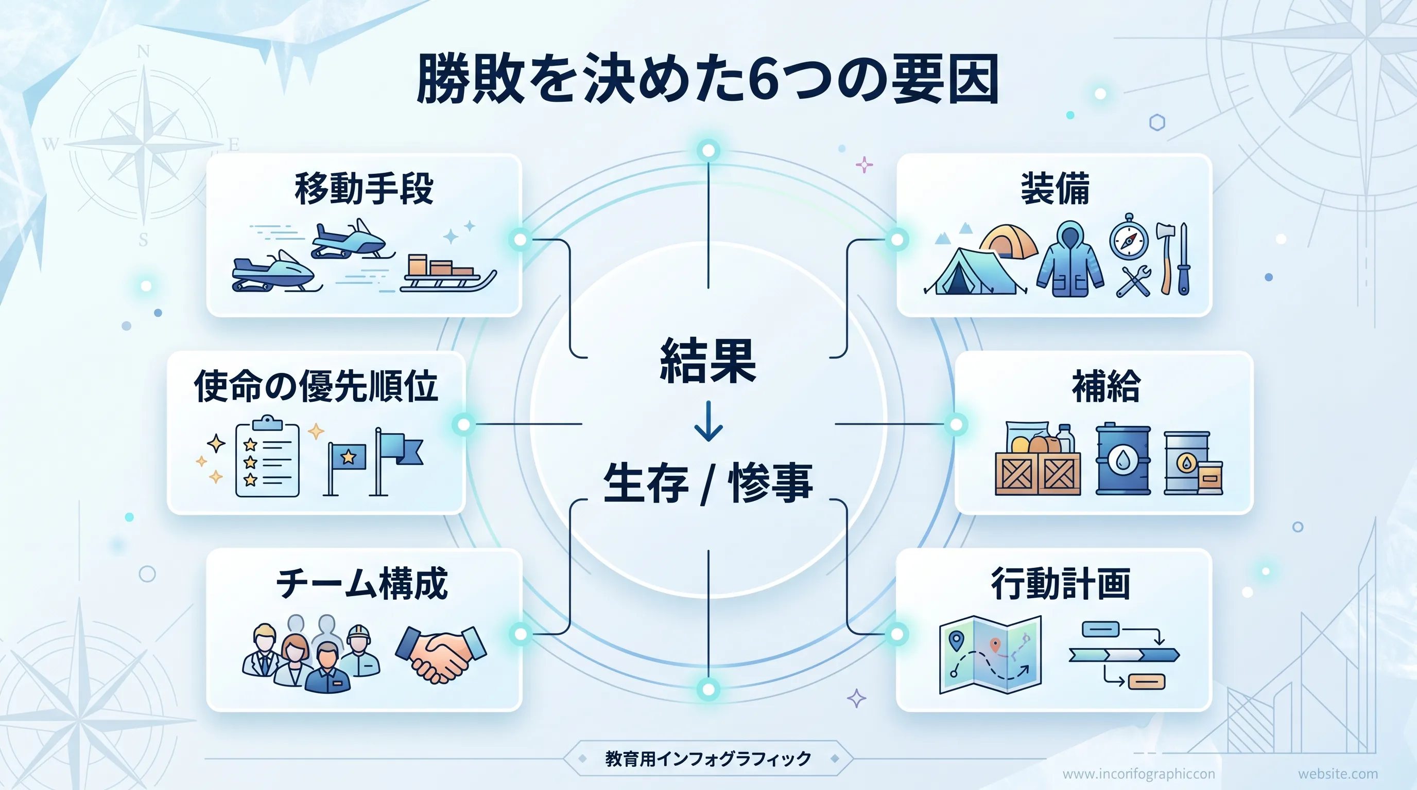 勝敗を分けた6つの要因の複合構造マップ ― 移動手段・装備・補給・ルート・チーム編成・撤退設計