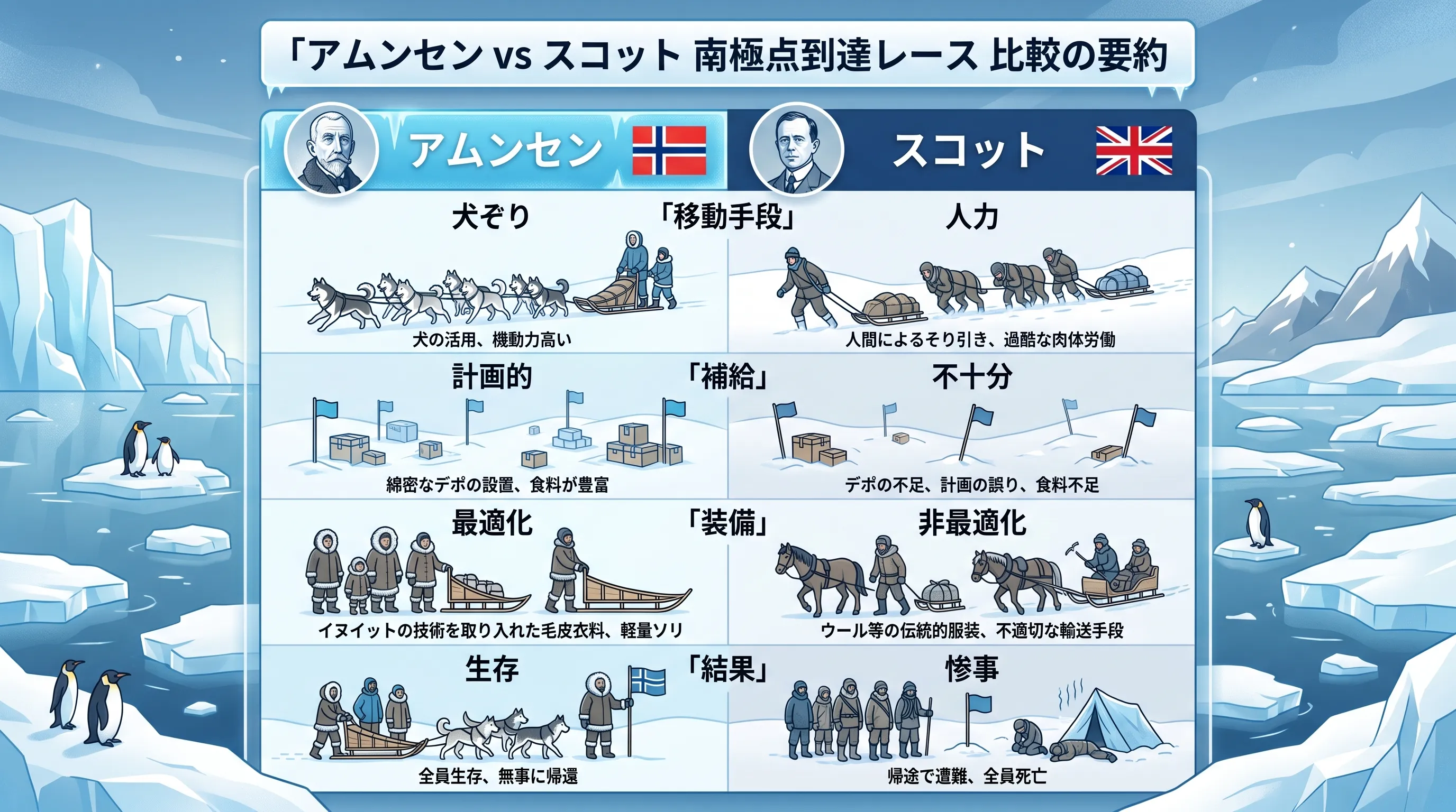 アムンセン隊とスコット隊の6要因比較サマリー ― 詳細比較を読む前の俯瞰図