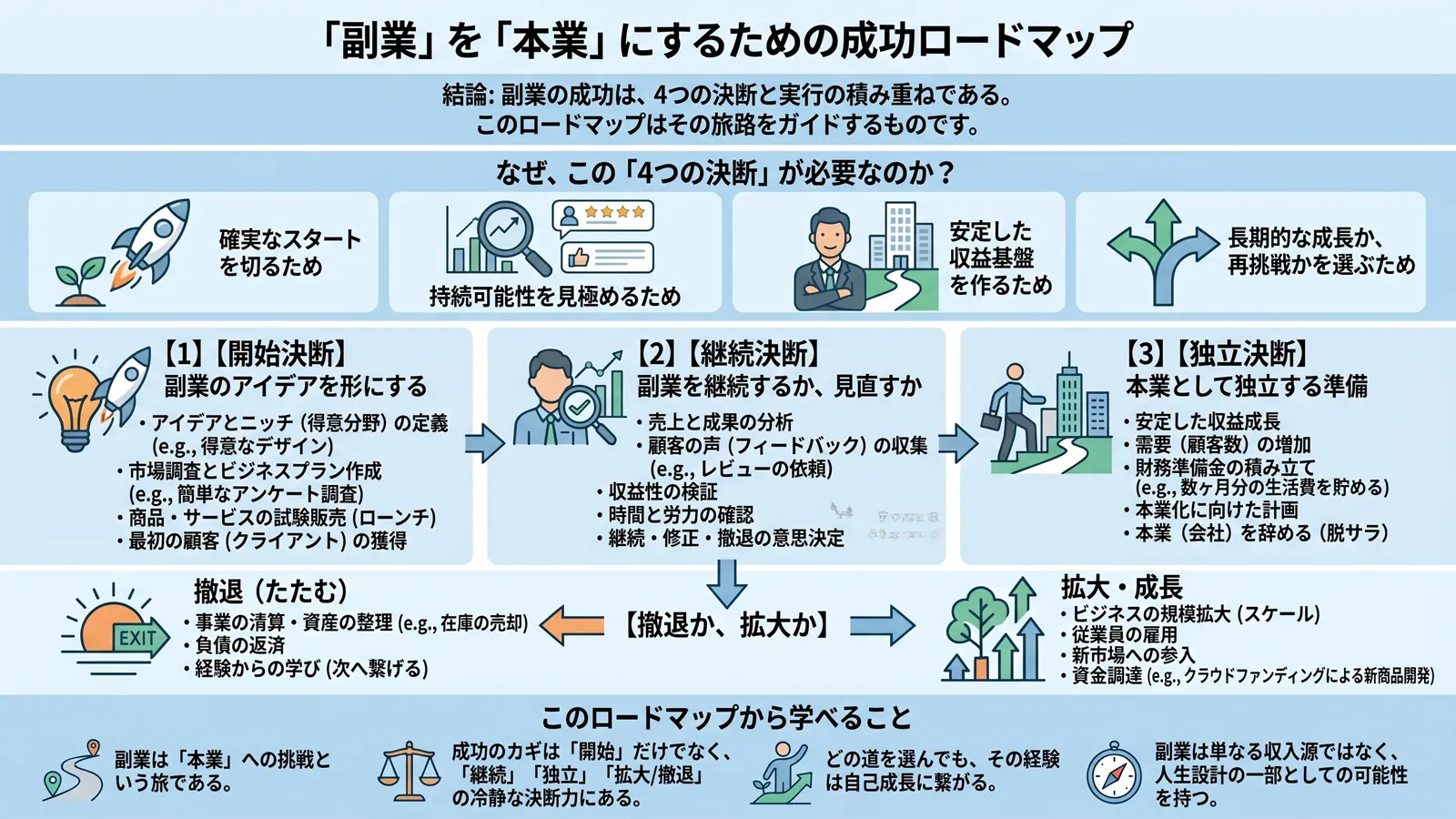 意思決定フロー全体図——副業スタートから独立判断まで