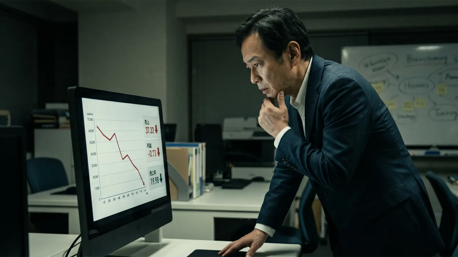 下落するグラフを険しい表情で見つめる経営者。売上低下・顧客離脱・チーム崩壊を象徴するビジネスシーン。マーケティング負債を放置した未来の代償を可視化する。