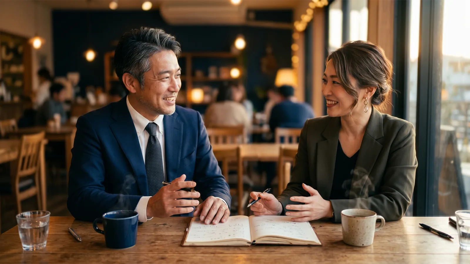 夕暮れの和カフェのテーブル越しに信頼に満ちた表情で対話する2人のビジネスパーソン