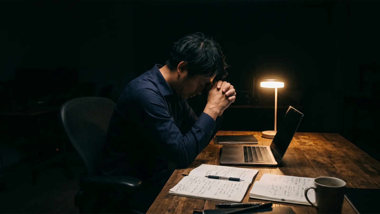 夜、デスクに向かい考え込む人物 — 「続かない」という問いに向き合う