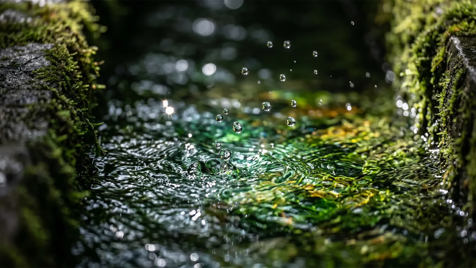 古代の石造り水路を精密に流れる清澄な水 — 行動の水路を設計するメタファー
