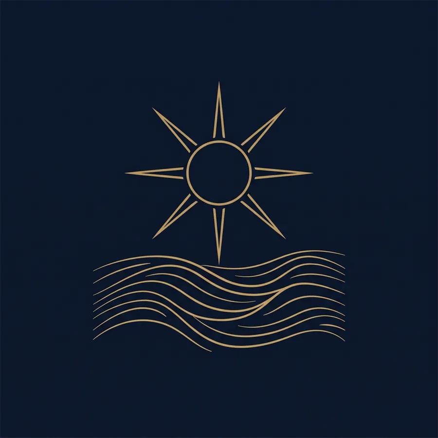 昼：太陽と流れる川面の線画アイコン